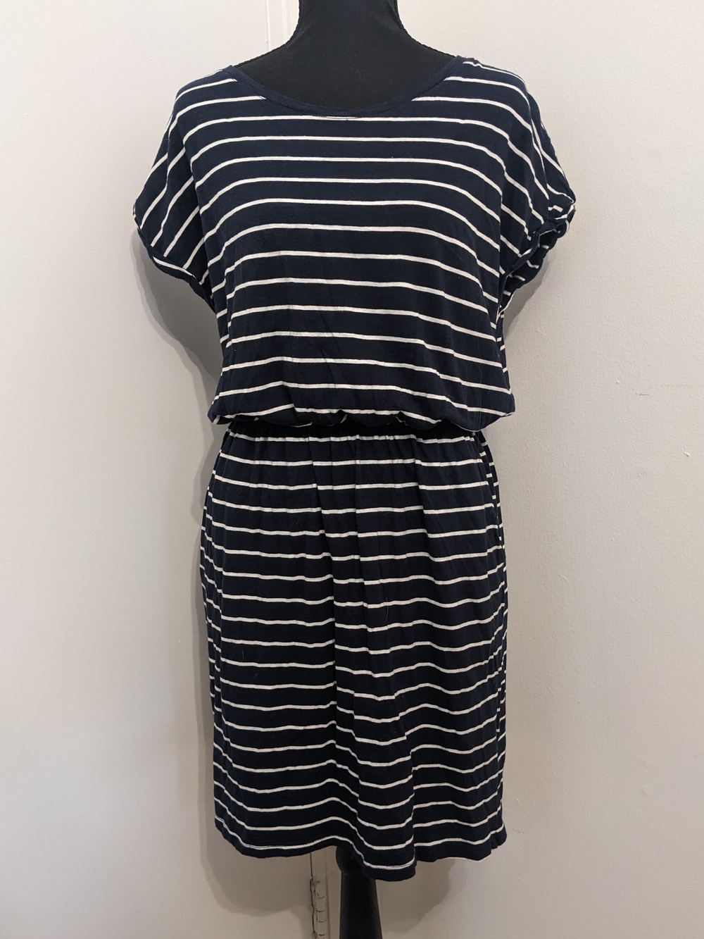 H&M Navy and White Striped Women’s Blouson Dress | Size Medium
